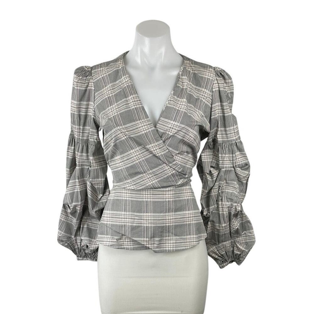 Uterque Tartan Plaid Check Ruched Long Sleeve Tie Back Wrap Peplum Blouse Top M
